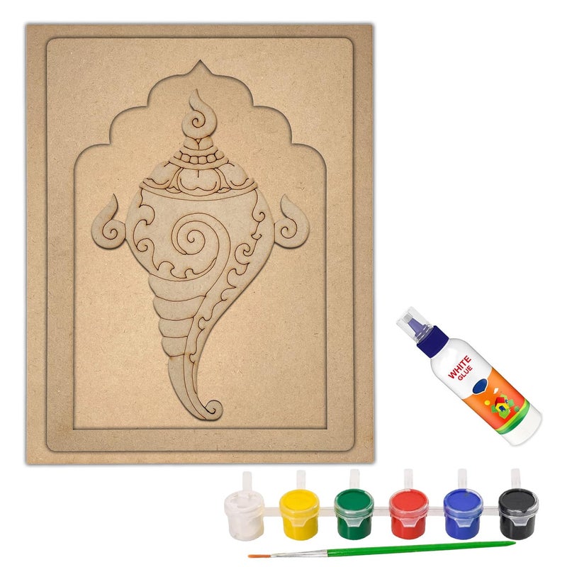 Wrapping Studio MDF Board for Lippan Art - Pre-Marked Shankh in Jharokha Design Cutouts for Craft, Painting, DIY Projects - Eco-Friendly MDF Wood, 30x23 cm, with Colors and Glue - Image 1