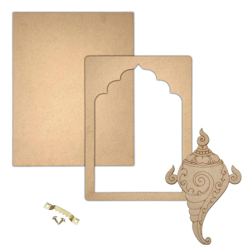 Wrapping Studio MDF Board for Lippan Art - Pre-Marked Shankh in Jharokha Design Cutouts for Craft, Painting, DIY Projects - Eco-Friendly MDF Wood, 30x23 cm, with Colors and Glue - Image 2