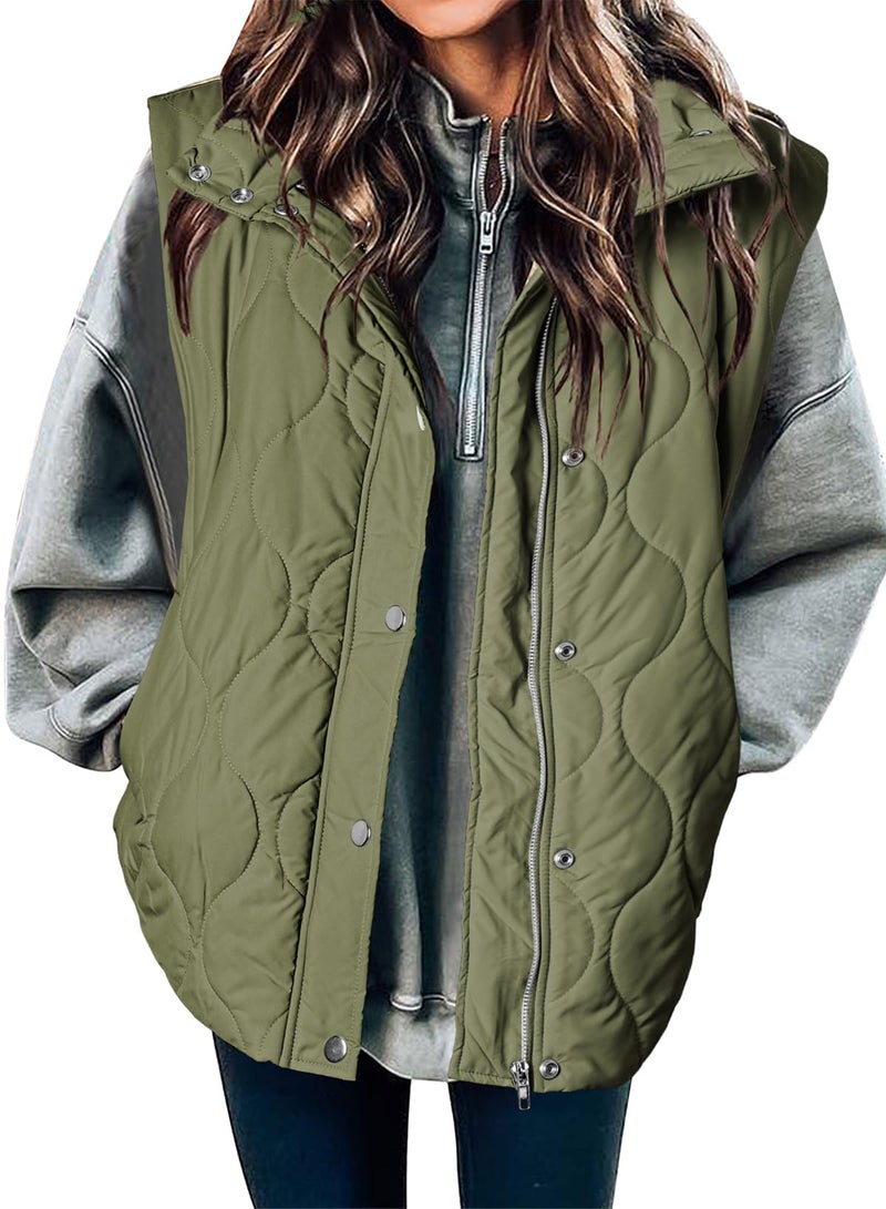 EVALESS Trendy Cropped Puffer Vest Women Plus Size Lightweight Quilted Stand Collar Sleeveless Jackets Fall Winter 2025 Button Zip Up Warm Coat Outerwear with Pockets Green XX-Large - Image 1