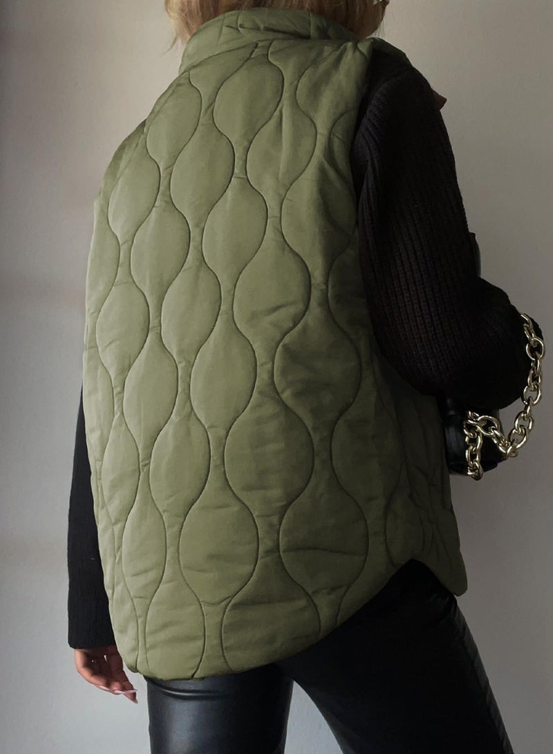 EVALESS Trendy Cropped Puffer Vest Women Plus Size Lightweight Quilted Stand Collar Sleeveless Jackets Fall Winter 2025 Button Zip Up Warm Coat Outerwear with Pockets Green XX-Large - Image 4