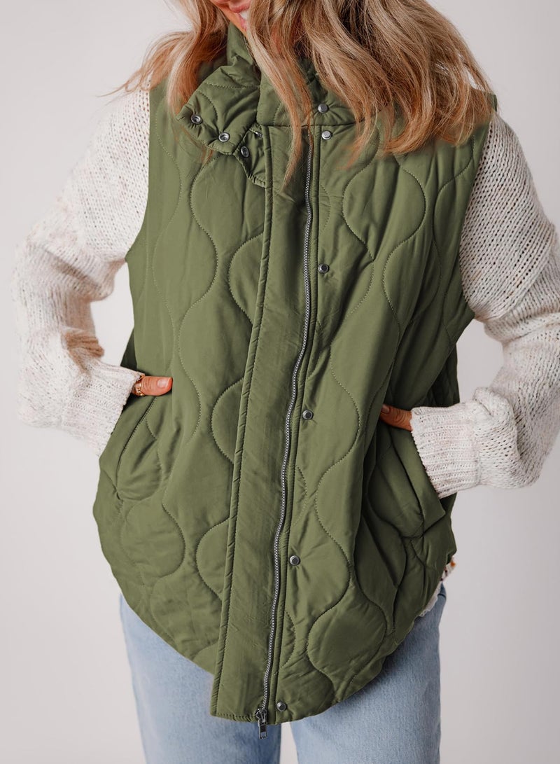 EVALESS Trendy Cropped Puffer Vest Women Plus Size Lightweight Quilted Stand Collar Sleeveless Jackets Fall Winter 2025 Button Zip Up Warm Coat Outerwear with Pockets Green XX-Large - Image 5