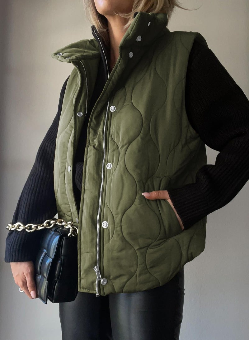 EVALESS Trendy Cropped Puffer Vest Women Plus Size Lightweight Quilted Stand Collar Sleeveless Jackets Fall Winter 2025 Button Zip Up Warm Coat Outerwear with Pockets Green XX-Large - Image 3