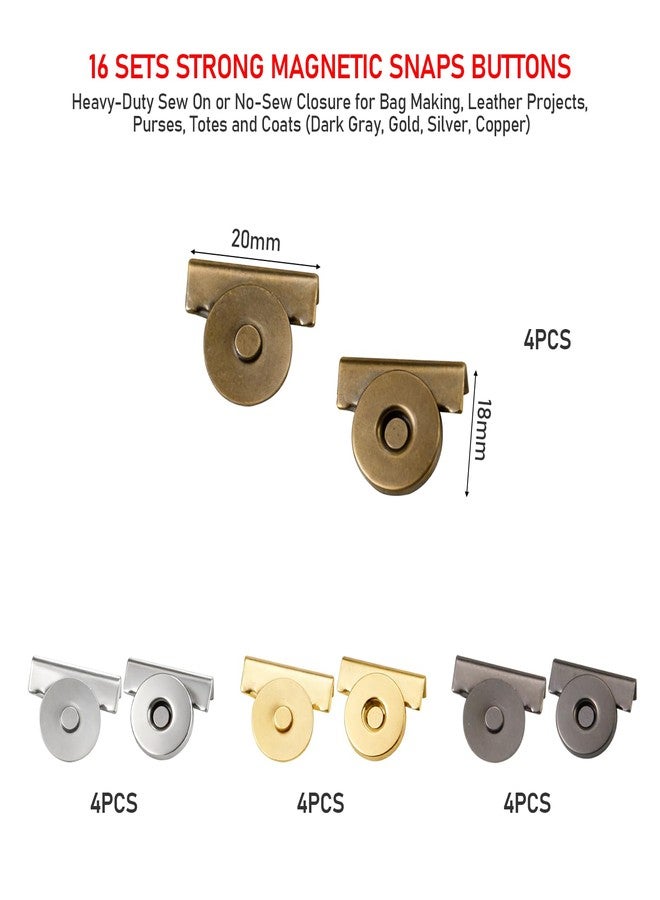 KIBBEH 16 Sets Strong Magnetic Snaps Buttons, Heavy-Duty Sew On or No-Sew Closure for Bag Making, Leather Projects, Purses, Totes and Coats (Dark Gray, Gold, Silver, Copper) - Image 4