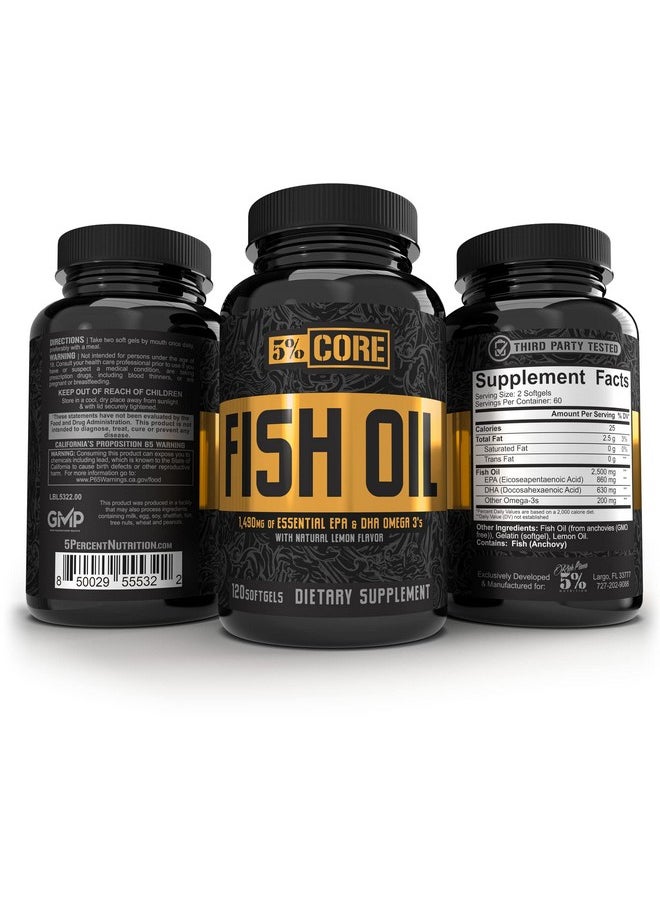 5% Nutrition 5% Nutrition Core Fish Oil Supplement | 2,500 mg EPA DHA Omega 3 Fatty Acid Supplement | Burpless Fish Oil for Faster Recovery, Joint Support, Heart Health (60 Servings / 120 Softgels) 