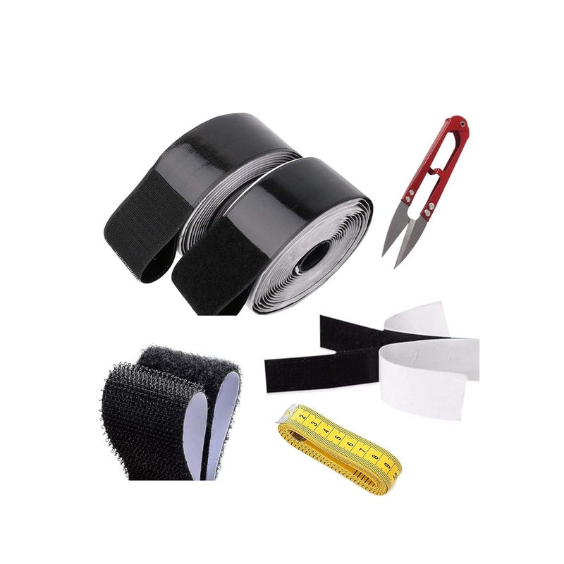 SAI PRASEEDA Adhesive Hook 10MTS_Adhesive Loop 10MTS with Easy Removal Sticker 20mm_ 10 MTS or 33 Feets Black Color with Industrial Cutter_Measuring Tape SP2