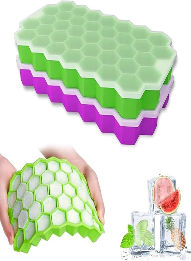 PUTHAK Silicone Ice Cube Trays - Honeycomb Shape Ice Cube Trays with Lids, Easy-Release & Stackable Ice Molds BPA Free, Microwave & Dishwasher Safe, for Cocktail, Freezer, DIY Ice Molds (2 Piece)