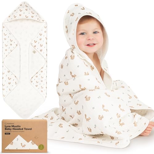 KeaBabies Muslin Baby Bath Towels with Hood for Girls, Boys -Large Organic Cotton Hooded Baby Towels for Newborns,Toddlers,Infant,Kids,Soft Absorbent Newborn Bath Essentials Gift Set(Nibbles, Regular)