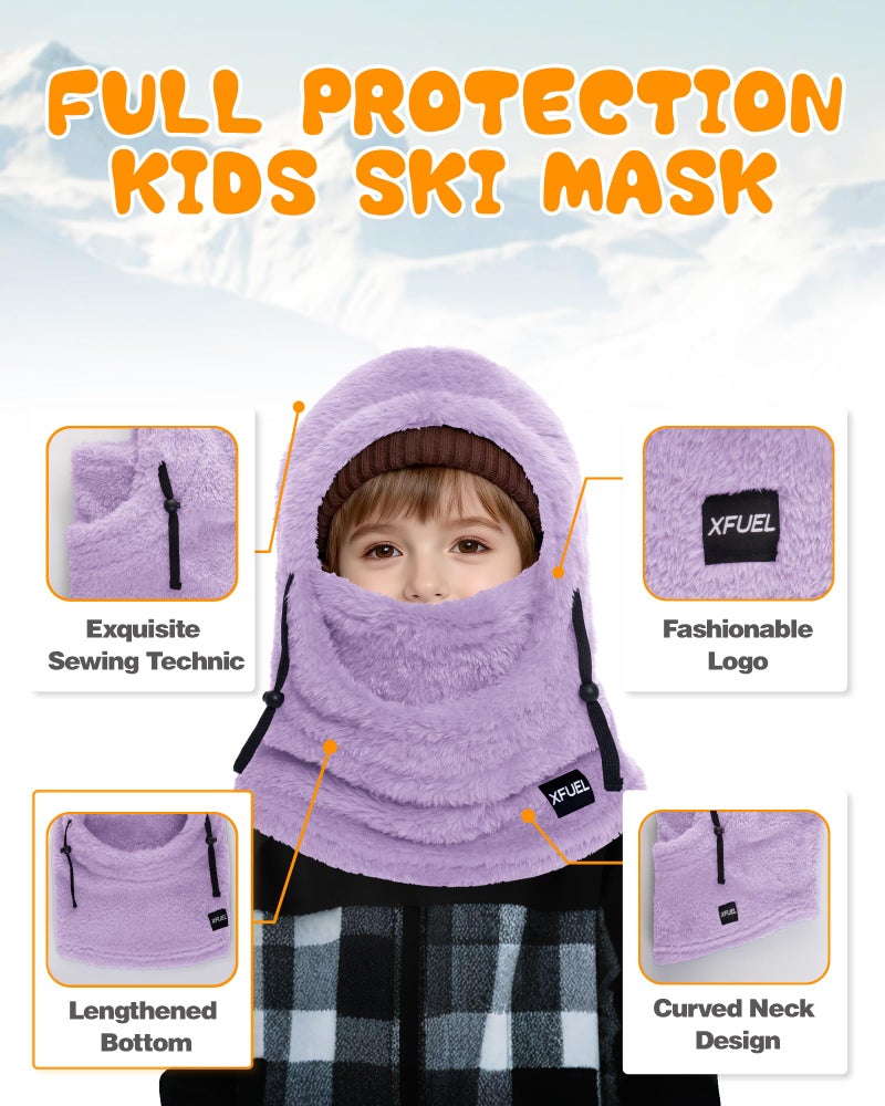 XFUEL Kids Winter Balaclava Face Mask, Thermal Ski Hood Hat, Neck Warmer Scarf for Boys Girls (Light Purple) - Image 3