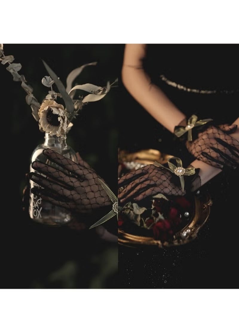 1920s Tea Party Gloves for Women Lace Gloves Mesh Gloves Elegant Short Vintage Bow Short Prom Glove Evening Elegant Accessories for Wedding - Image 2