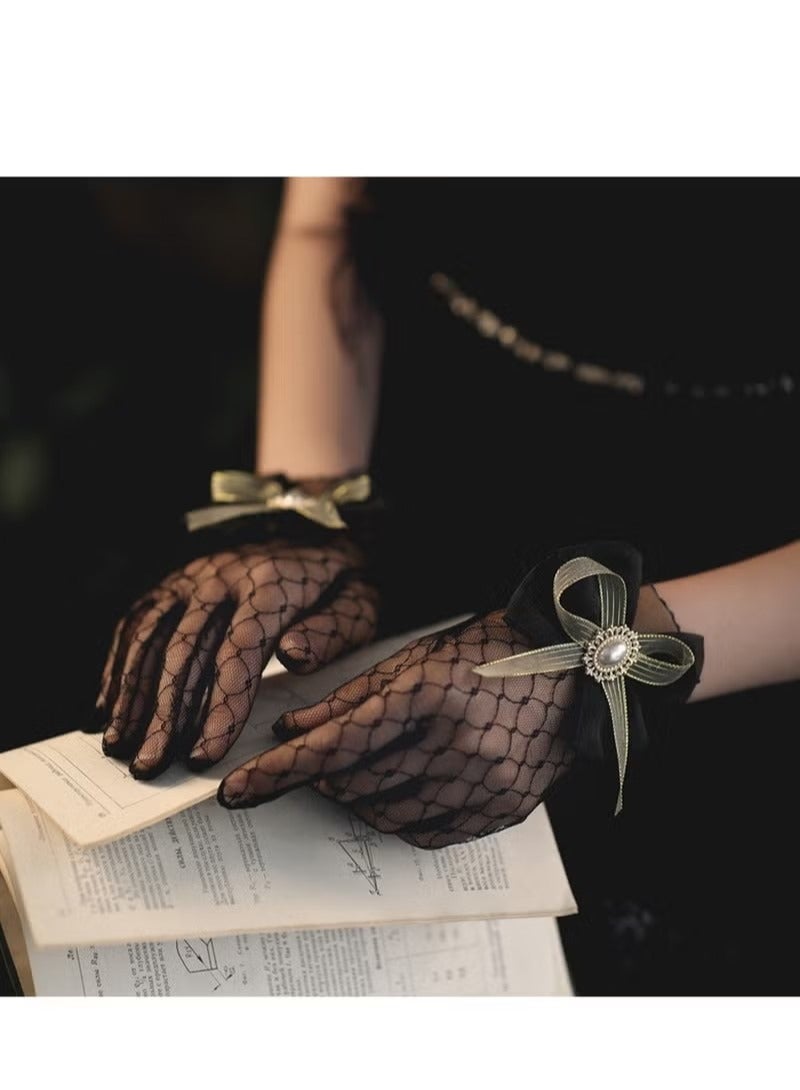 1920s Tea Party Gloves for Women Lace Gloves Mesh Gloves Elegant Short Vintage Bow Short Prom Glove Evening Elegant Accessories for Wedding - Image 1