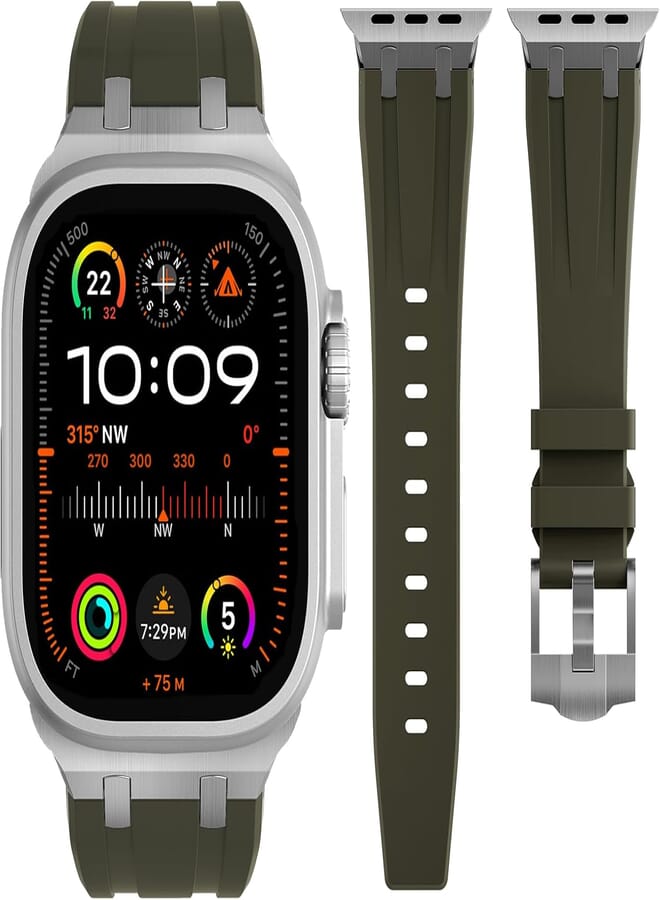 SLEILIN Compatible with Apple Watch 49 mm 45 mm 44 mm 42 mm for Men, Liquid Silicone Rubber Bands for iWatch Ultra/Ultra 2 Series 9 8 7 6 5 4 3 2 1 SE AP Rubber Band with Stainless Steel Adapter 