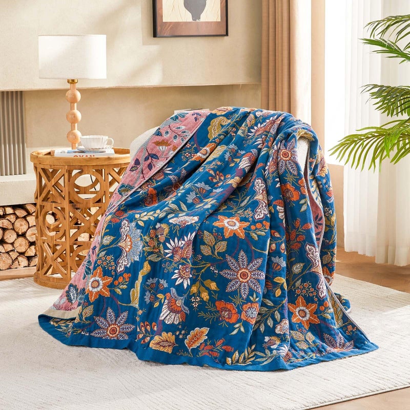 XIBLC Fall Throw Blanket for Couch, Blue Boho Decorative Throw Blanket, 100% Cotton Muslin Breathable Woven Farmhouse Blankets Quilt, 50"x60" Reversible Lightweight Blankets Bohemian Throw Quilt - Image 2