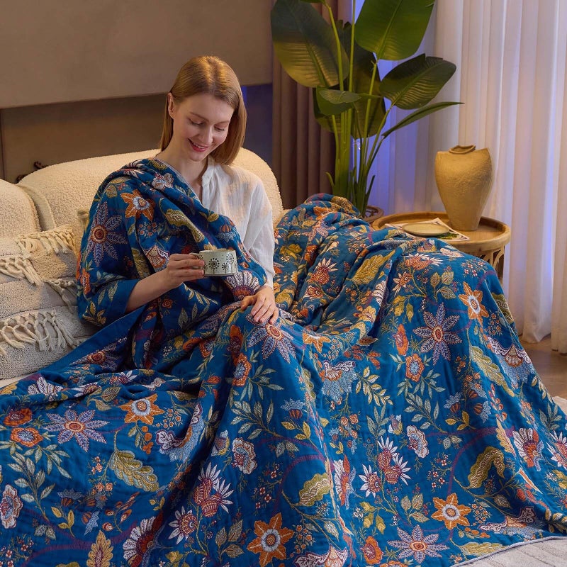 XIBLC Fall Throw Blanket for Couch, Blue Boho Decorative Throw Blanket, 100% Cotton Muslin Breathable Woven Farmhouse Blankets Quilt, 50"x60" Reversible Lightweight Blankets Bohemian Throw Quilt - Image 5