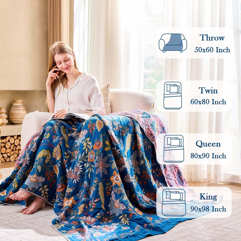 XIBLC Fall Throw Blanket for Couch, Blue Boho Decorative Throw Blanket, 100% Cotton Muslin Breathable Woven Farmhouse Blankets Quilt, 50"x60" Reversible Lightweight Blankets Bohemian Throw Quilt - Image 3
