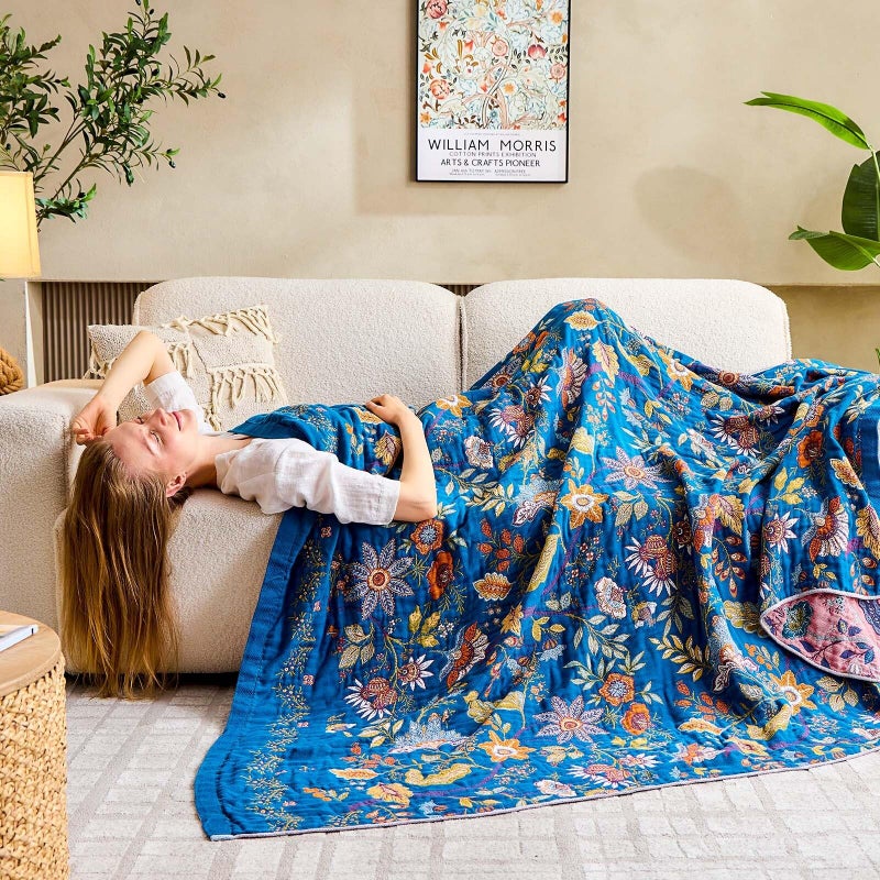 XIBLC Fall Throw Blanket for Couch, Blue Boho Decorative Throw Blanket, 100% Cotton Muslin Breathable Woven Farmhouse Blankets Quilt, 50"x60" Reversible Lightweight Blankets Bohemian Throw Quilt - Image 4