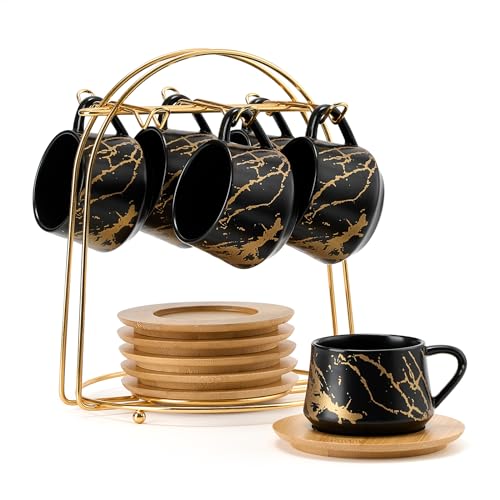 LUKA Ceramic Espresso Cups with Saucers and Metal Stand, Small 4 oz Porcelain Demitasse Cups Set of 6, Cute Cappuccino Coffee Cups for Double Espresso, Tea, Marbling Black - Image 1