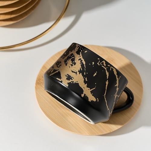 LUKA Ceramic Espresso Cups with Saucers and Metal Stand, Small 4 oz Porcelain Demitasse Cups Set of 6, Cute Cappuccino Coffee Cups for Double Espresso, Tea, Marbling Black - Image 3