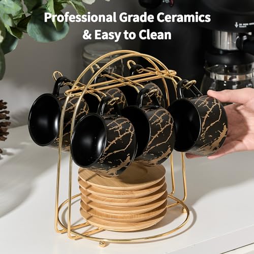 LUKA Ceramic Espresso Cups with Saucers and Metal Stand, Small 4 oz Porcelain Demitasse Cups Set of 6, Cute Cappuccino Coffee Cups for Double Espresso, Tea, Marbling Black - Image 5