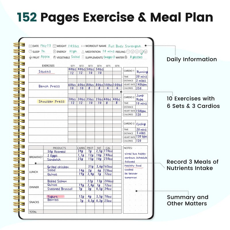 Dapsang Fitness Journal for Women & Men, Food & Workout Journal Planner Log Book with Measuring Tape, Undated Wellness Planner to Track Weight Loss, Muscle Gain, Home Gym Exercise, Daily Nutrition, 9.5" x 7" - Image 4