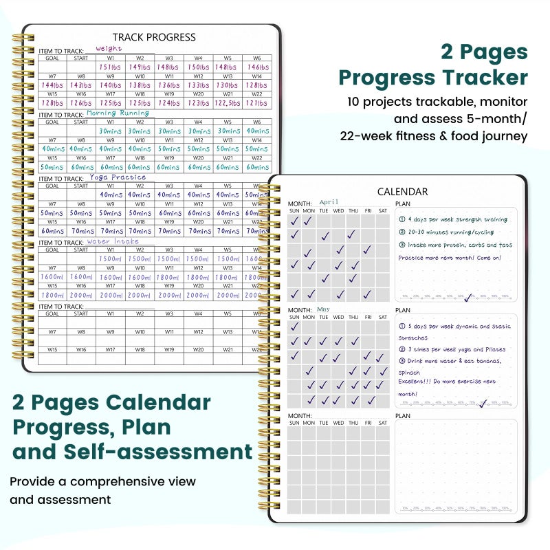 Dapsang Fitness Journal for Women & Men, Food & Workout Journal Planner Log Book with Measuring Tape, Undated Wellness Planner to Track Weight Loss, Muscle Gain, Home Gym Exercise, Daily Nutrition, 9.5" x 7" - Image 3
