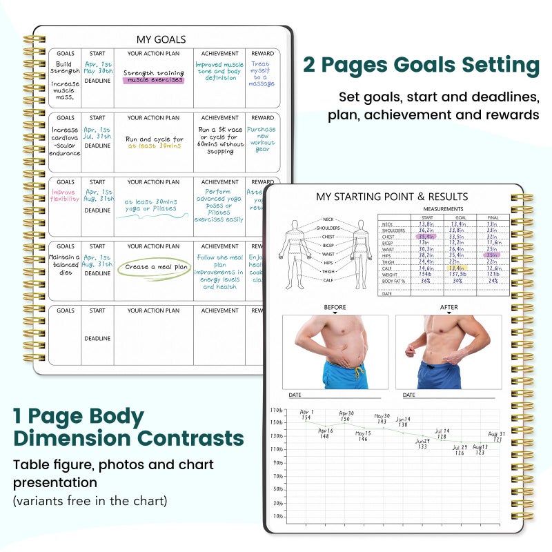 Dapsang Fitness Journal for Women & Men, Food & Workout Journal Planner Log Book with Measuring Tape, Undated Wellness Planner to Track Weight Loss, Muscle Gain, Home Gym Exercise, Daily Nutrition, 9.5" x 7" - Image 2