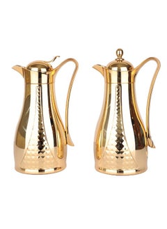 Flask 2pcs Set Crystal Design Vacuum  With Metal Body Glass Insert (1 Liter) | Wide Mouth With Anti-Leakage Cap | Full Gold Body | Set Of 2pcs