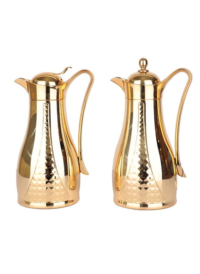 Soleter - Flask 2pcs Set Crystal Design Vacuum  With Metal Body Glass Insert (1 Liter) | Wide Mouth With Anti-Leakage Cap | Full Gold Body | Set Of 2pcs - Image 1