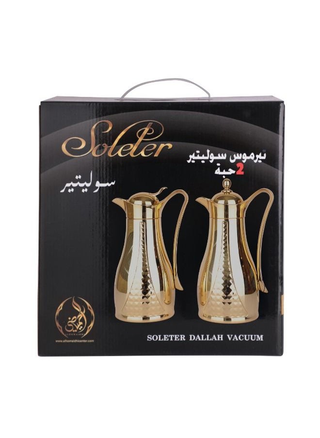 Soleter - Flask 2pcs Set Crystal Design Vacuum  With Metal Body Glass Insert (1 Liter) | Wide Mouth With Anti-Leakage Cap | Full Gold Body | Set Of 2pcs - Image 1