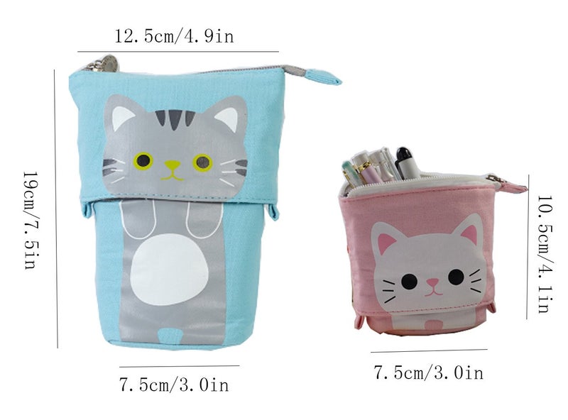 iSuperb Standing Pencil Pouch Pencil Case Cute Cat Telescopic with Zipper Canvas Kwaii Cartoon Pencil Bag Stationery Box for Kids Girls Boys School Supplies 7.5 x 4.9 x 3.0inch/4.1x 3.0inch - Image 3