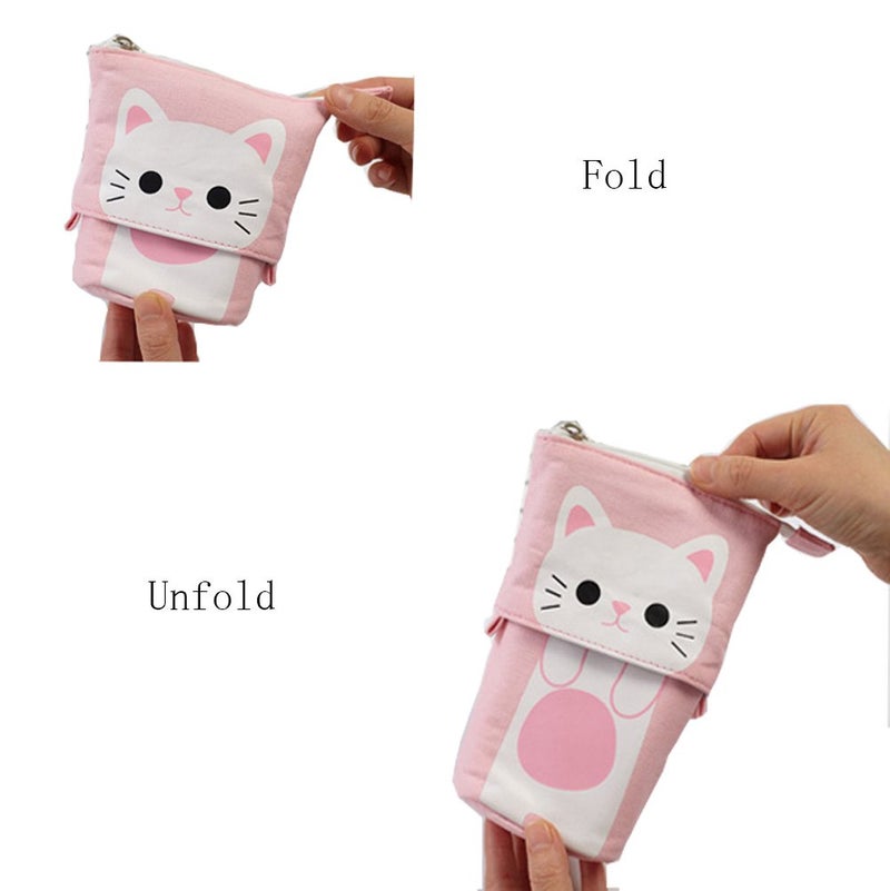 iSuperb Standing Pencil Pouch Pencil Case Cute Cat Telescopic with Zipper Canvas Kwaii Cartoon Pencil Bag Stationery Box for Kids Girls Boys School Supplies 7.5 x 4.9 x 3.0inch/4.1x 3.0inch - Image 5