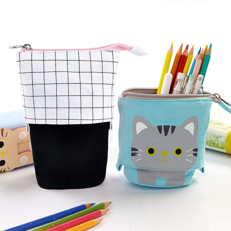 iSuperb Standing Pencil Pouch Pencil Case Cute Cat Telescopic with Zipper Canvas Kwaii Cartoon Pencil Bag Stationery Box for Kids Girls Boys School Supplies 7.5 x 4.9 x 3.0inch/4.1x 3.0inch - Image 2