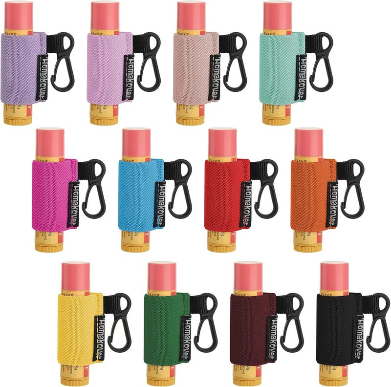 Homakover 12 Pack Compact Clip-On Lipstick Holder Keychain in 12 Colors,Lip Balm Sleeves with Clip, Fits Most Standard Lip Balm,Tight-Knit Elastic Lip Balm Keychain Holder