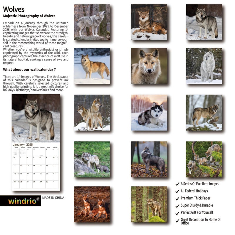 windrio 2026 Wall Calendar,Calendar 2026, November 2025 - December 2026, Wall Calendar Wolves, 12" x 24" Opened,Full Page Months Thick & Sturdy Paper for Organizing & Planning - Image 2
