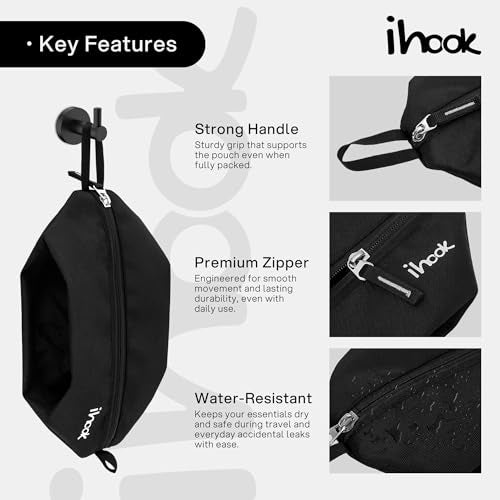 ihook Pack of 2 Travel Toiletry Pouch/Bag with Hanging Hook for Men & Women–Compact Waterproof Organizer for Toiletries,Shaving Kit,Cosmetics,Travel Accessories,Essentials & Personal Care Items(Black) - Image 2