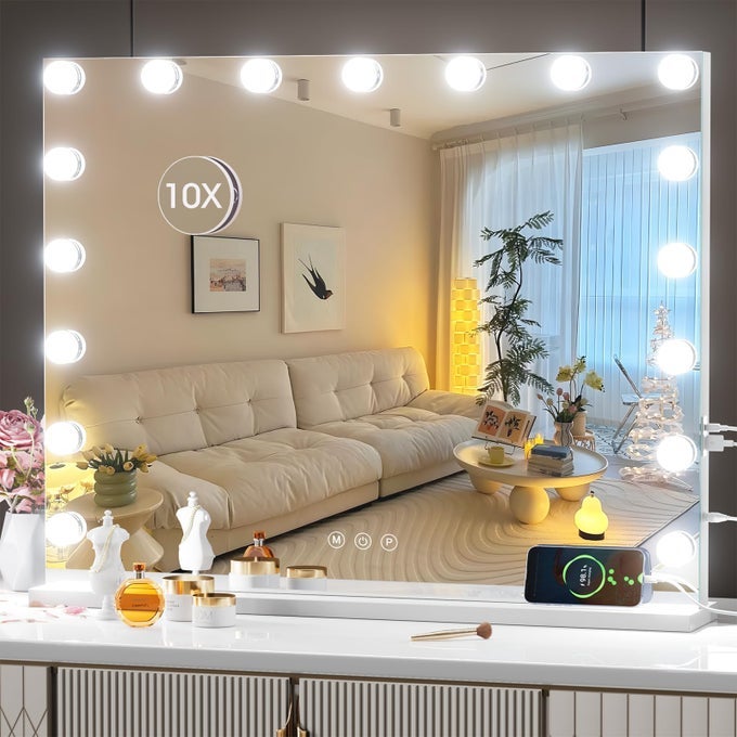 HOLLYWOOD VANITY MIRROR 28 X 22 MIRROR WITH LIGHTS MAKEUP MIRROR WITH 17 DIMMABLE BULBS AND 10X MAGNIFICATION 3 COLORS MODES TOUCH CONTROL USB CHARGING PORT TYPEC SQUARE WHITE