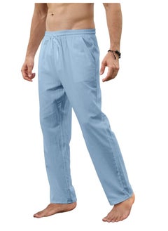 OUYoo Men's Cotton Linen Loose Lightweight Elastic Waist Trouser Yoga Beach Pant Casual Athletic Pants with Pockets  - Image 3