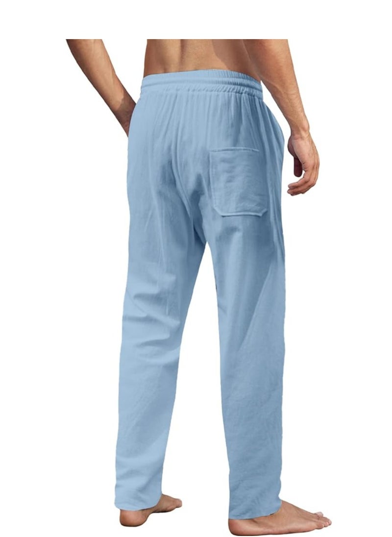 OUYoo Men's Cotton Linen Loose Lightweight Elastic Waist Trouser Yoga Beach Pant Casual Athletic Pants with Pockets  - Image 2