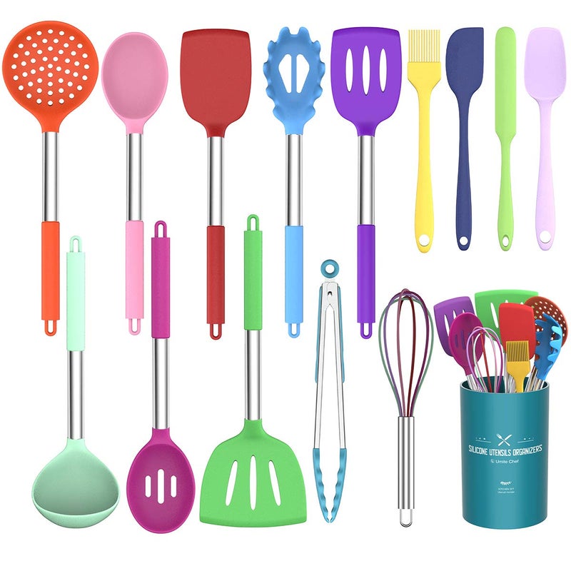 Umite Chef Kitchen Utensils Set 15 pcs Silicone Cooking Kitchen Utensils Set Nonstick Silicone Stainless Steel Handle Turner Spatula Spoon Tongs Whisk Cookware  Colorful