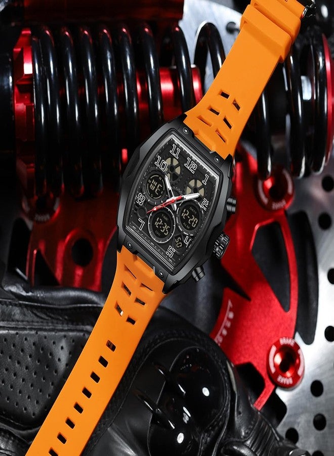 FANMIS Watch for Men Fashion Hollow Unique Rectangle Dial Wristwatch Waterproof Sport Digital Analog Dual Time Display Stopwatch Punk Cool Design Silicon Strap Dress Watch, Orange - Image 5