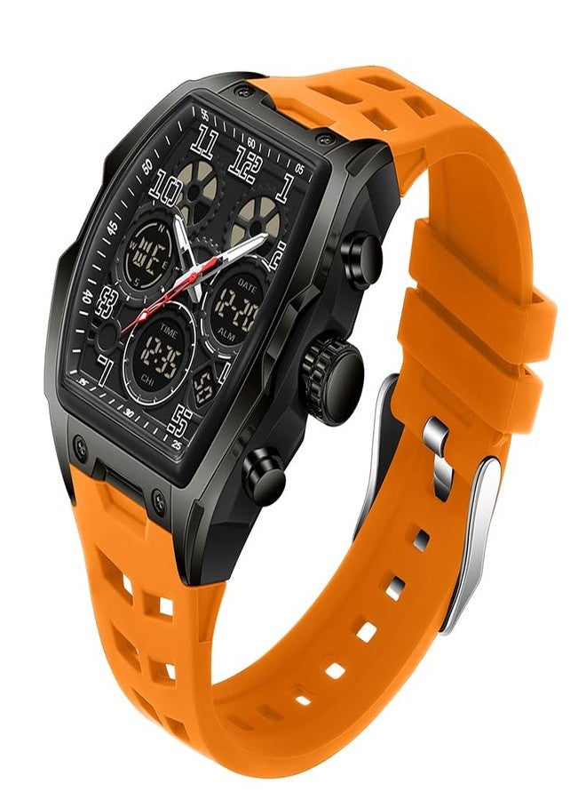 FANMIS Watch for Men Fashion Hollow Unique Rectangle Dial Wristwatch Waterproof Sport Digital Analog Dual Time Display Stopwatch Punk Cool Design Silicon Strap Dress Watch, Orange - Image 1