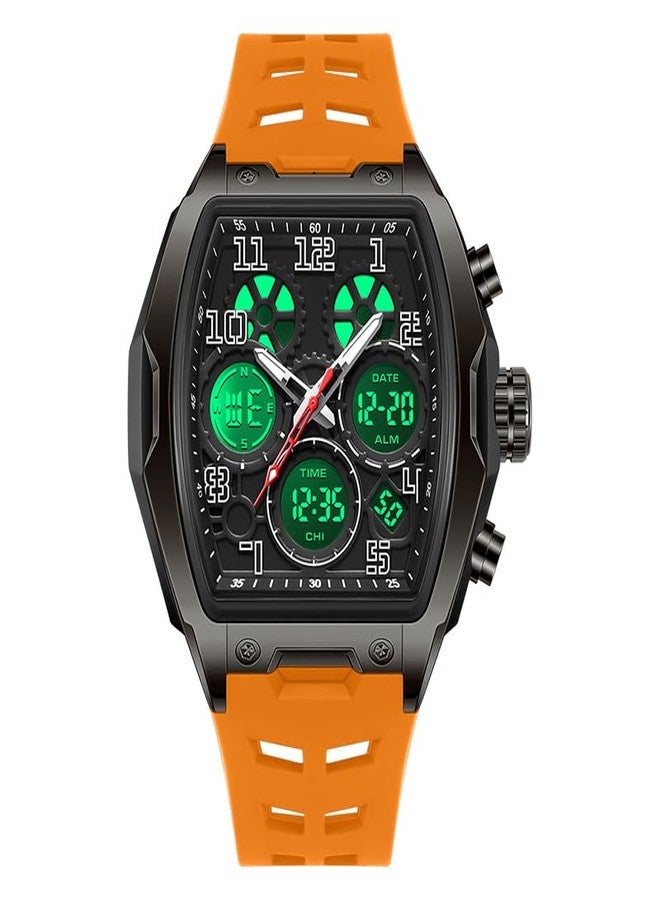 FANMIS Watch for Men Fashion Hollow Unique Rectangle Dial Wristwatch Waterproof Sport Digital Analog Dual Time Display Stopwatch Punk Cool Design Silicon Strap Dress Watch, Orange - Image 2