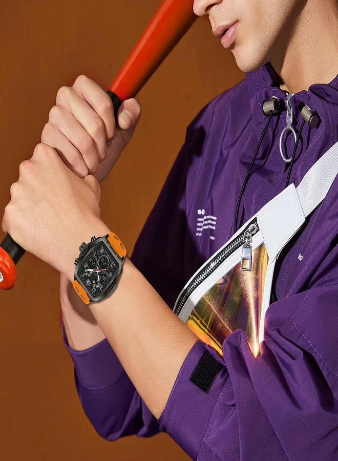FANMIS Watch for Men Fashion Hollow Unique Rectangle Dial Wristwatch Waterproof Sport Digital Analog Dual Time Display Stopwatch Punk Cool Design Silicon Strap Dress Watch, Orange - Image 3