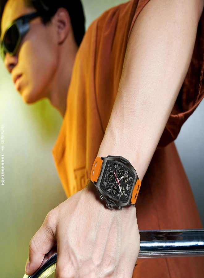 FANMIS Watch for Men Fashion Hollow Unique Rectangle Dial Wristwatch Waterproof Sport Digital Analog Dual Time Display Stopwatch Punk Cool Design Silicon Strap Dress Watch, Orange - Image 4