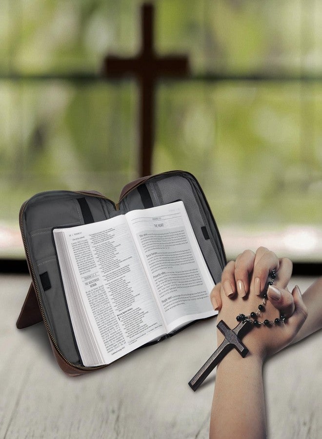 CITYCHASE Bible Covers for Men & Women, Bible Case Carrying Church Bag with Book Stand, Bible Bag with Handle, Zipper and Multi-Pockets for Scripture Study Bible Protector (Dark Brown Leather) - Image 2