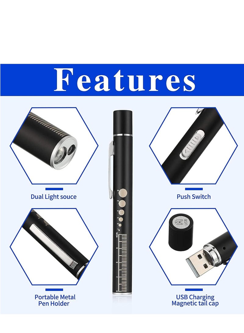 MJZ 2Pcs Medical Pen Light, Diagnostic Pocket Clip Medical Penlight, USB Rechargeable LED Penlight Mini Flashlight with 2 LED Sources, Reusable LED Penlight Torch for Students Doctors Nurses - Image 5