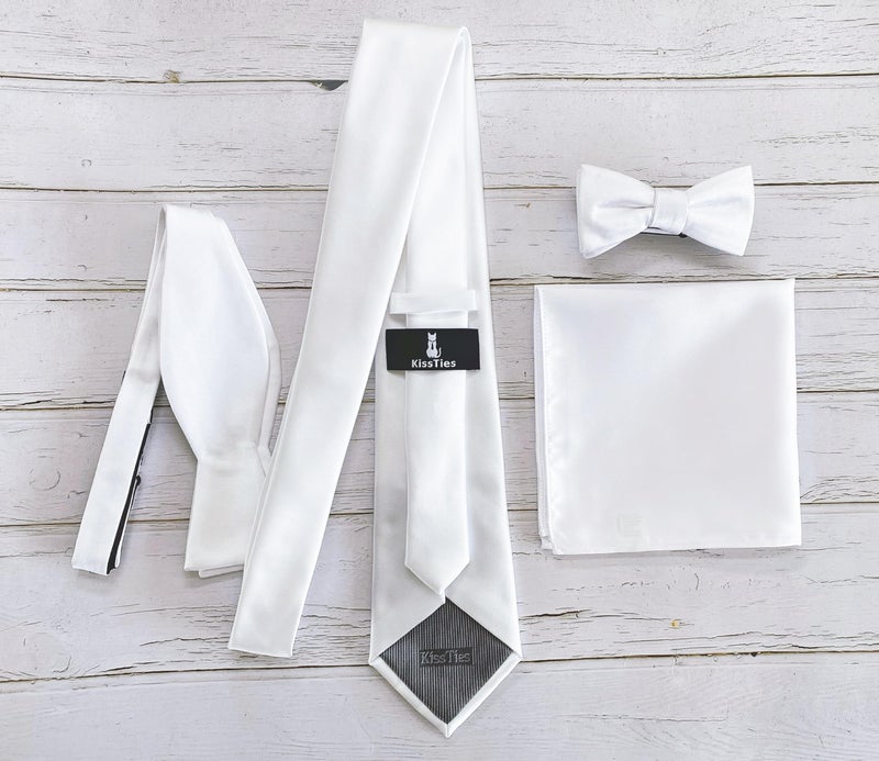 KissTies Boys Bow Tie White Satin Bowtie For Teens Kids Boys Bows + Gift Box - Image 2