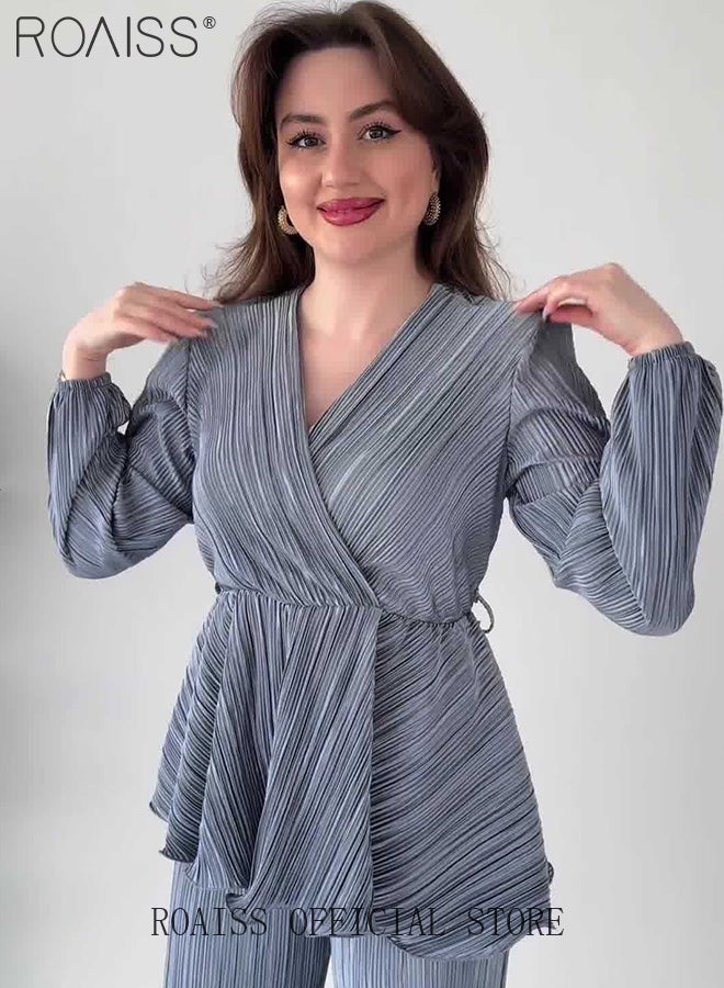 roaiss 2Pcs Advanced Solid Color Pleated Suit for Women Ruffled Hem Tie-Waisted Long Sleeve and Drape Fabric Straight Trousers Ladies Elegant Temperament Comfort Skin-Friendly Set Look Slim - Image 3
