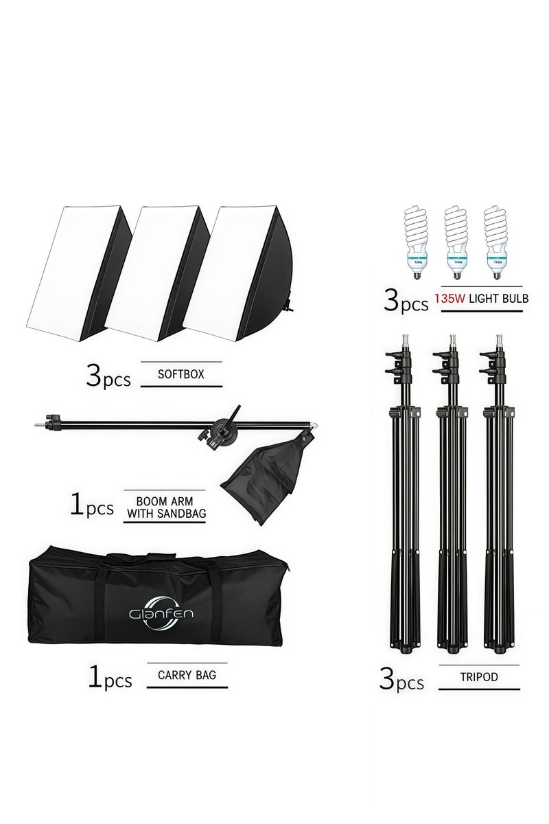 Glanfen Professional Photography Lighting Kit: 3x 135W 5500K Bulbs, 3 Softboxes, 3 Adjustable Stands & Carry Bag - Image 2