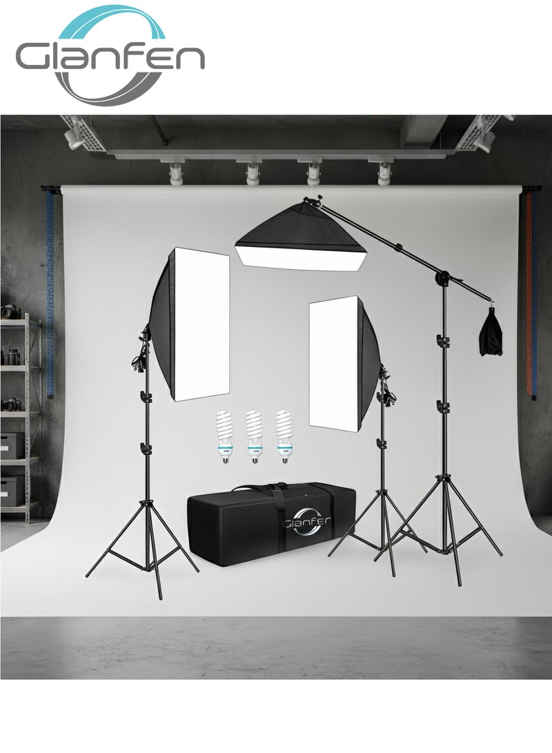 Glanfen Professional Photography Lighting Kit: 3x 135W 5500K Bulbs, 3 Softboxes, 3 Adjustable Stands & Carry Bag - Image 1