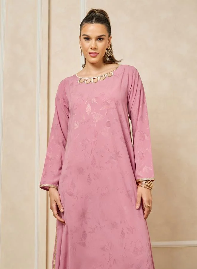 Styli Scallop Cut Work detail Jalabiya with Lace Trim